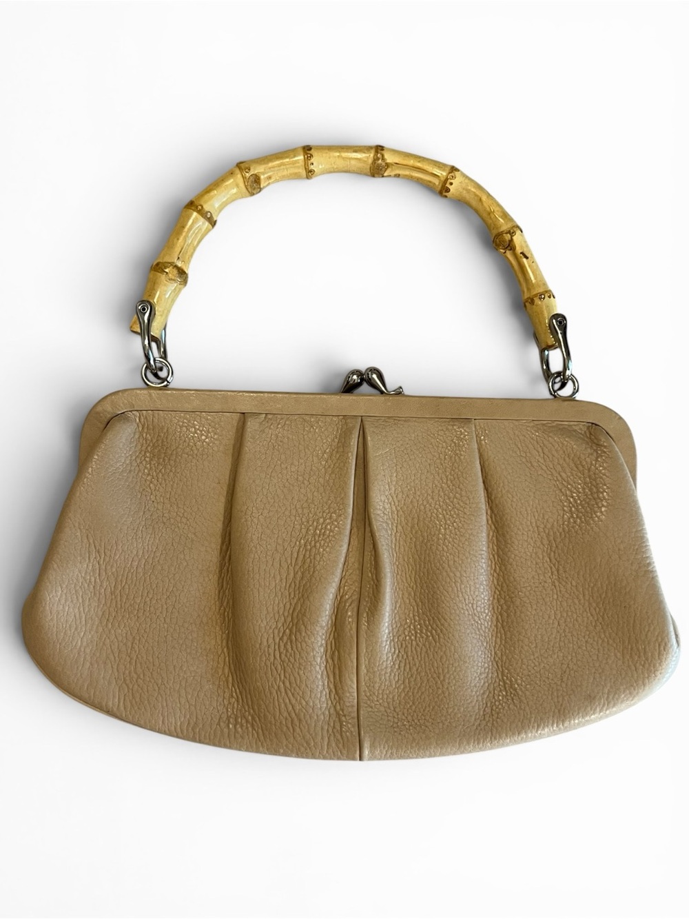 Fossil Vintage Archive Tan Leather Frame Clutch Bag Genuine Bamboo Top Handle